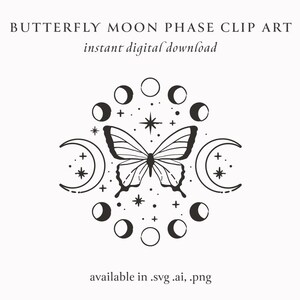 Mondphase Schmetterling ClipArt, Celestial Crescent mystisch ClipArt, Hand Moth Logo Design, sofortiger digitaler Download für Cricut,