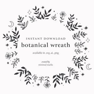 Corona botánica floral SVG, marco celestial, marco circular, estrellas de silueta para cricut, marco místico, Boho Boho SVG