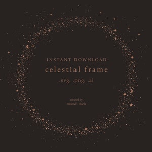 Estrelas e brilhos Celestial Wreath SVG, Galaxy Silhouette Vector Frame para Cricut, Wedding Wreath SVG para sinalização e embalagem,