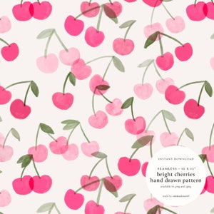 May include: A seamless pattern featuring watercolor-style pink cherries with green stems and leaves on a white background. The pattern is 12 inches by 12 inches.