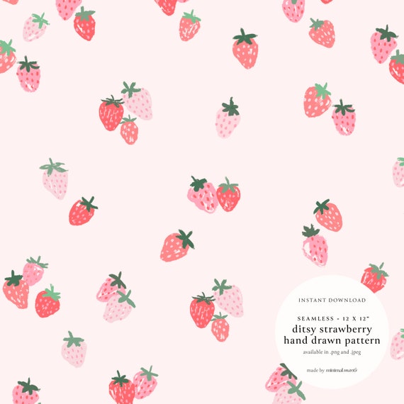 Seamless Strawberry Pattern, Cottage Core Fabric Digital Paper, Summer Hand Drawn Cutesy Repeat Pattern,