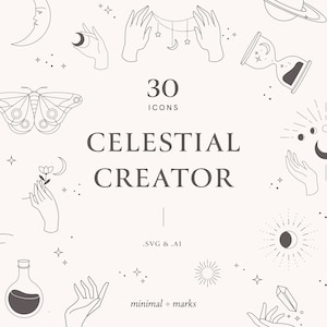 May include: A set of 30 celestial-themed icons, including moons, stars, hands, planets, and other celestial elements. The icons are in a minimalist style and are perfect for use in digital or print projects. The text "Celestial Creator" is featured in the centre of the image.