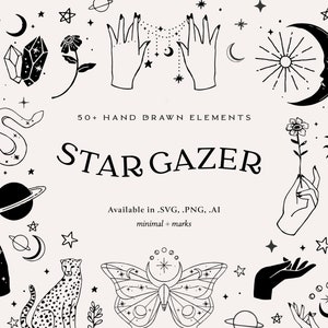 Celestial SVG Hand Drawn Botanical Vector Icons Digital Download, Cricut .AI .SVG Clip Art, Floral Mystical Minimal,