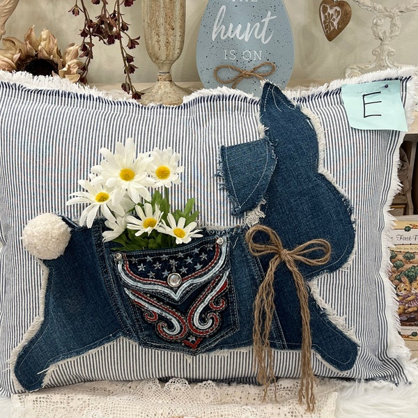 Letter E! Blue jean bunny with embroidery and white flowers !