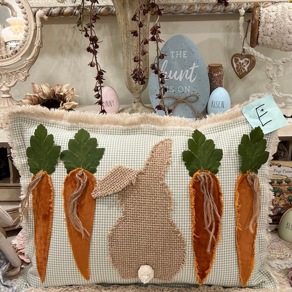 Letter E! Small green gingham check with velvet carrots and bunny !