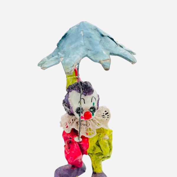 Paper Mache Clown Figurine Circus Umbrella Creepy Sad 1983 Vintage