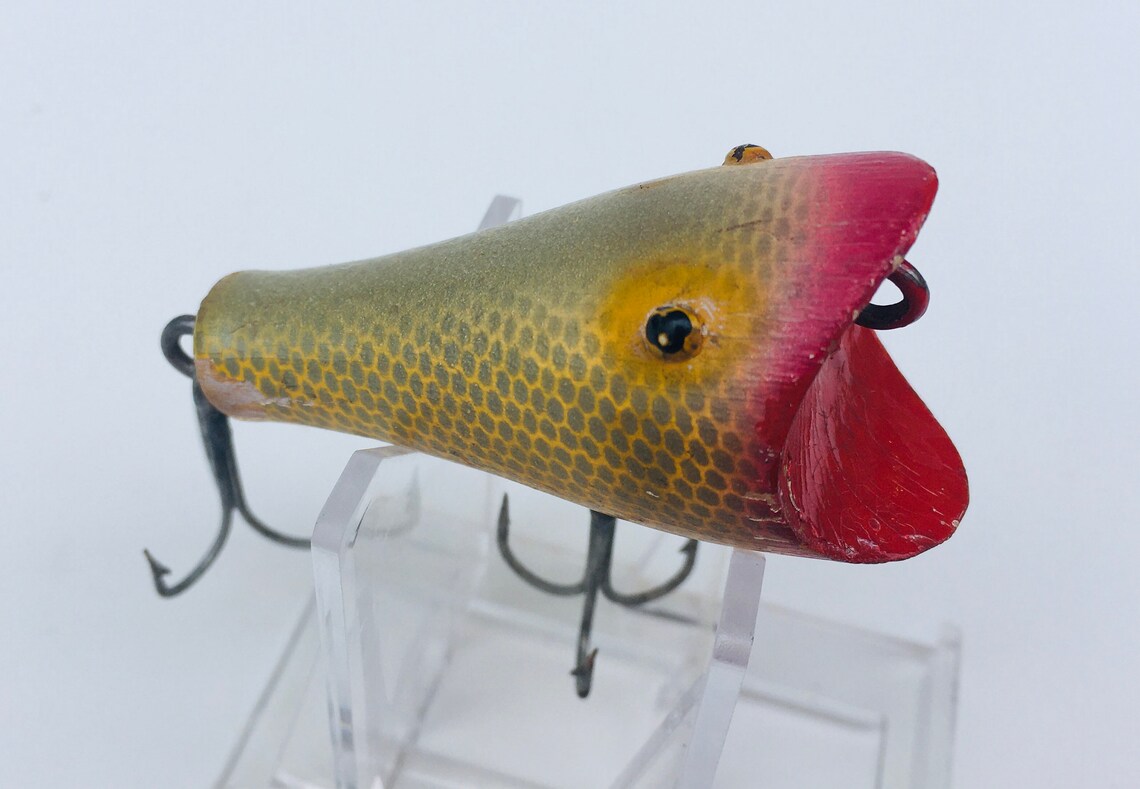 Folk Art Fishing Lure Minnow Wood Vintage Red Gold Etsy