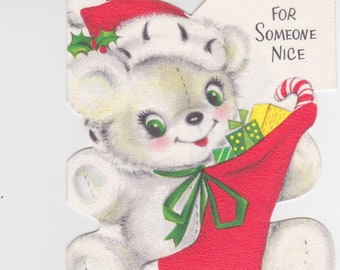 Unused 1960s vintage Hallmark Christmas card for a child -- "For Someone Nice", with teddy bear and stocking