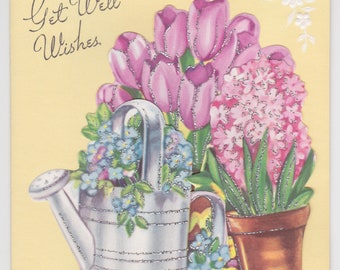 Unused 1950s pop-up get-well card -- yellow with lovely spring flowers