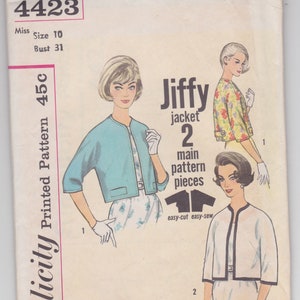 May include: Vintage Simplicity sewing pattern 4423 for a Jiffy jacket. The pattern features illustrations of the jacket in different colors and styles. Includes size 10, bust 31 inches. The pattern is easy-cut and easy-sew.