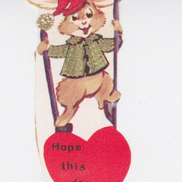 1960s pre-owned Valentine for kids -- bunny on stilts -- "Hope this day is tops!"