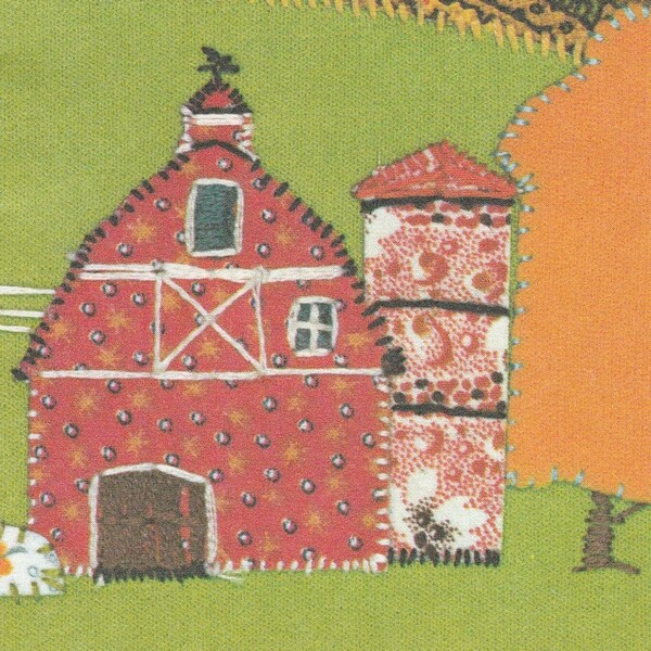 Unused 1980s gift enclosure card by Current, Inc.  -- featuring motif of "patchwork" farm scene