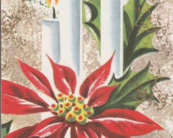 Pre-owned 1950s vintage Christmas card featuring candles and red poinsettia