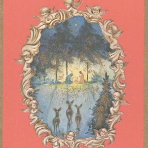 May include: Vintage Christmas card with an oval illustration of the Nativity scene, framed by cherubs. The scene depicts the Holy Family, deer, and a star. The card has a red background with a gold border.