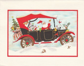 Pre-owned 1960s Hallmark Christmas card featuring Santa in a jalopy