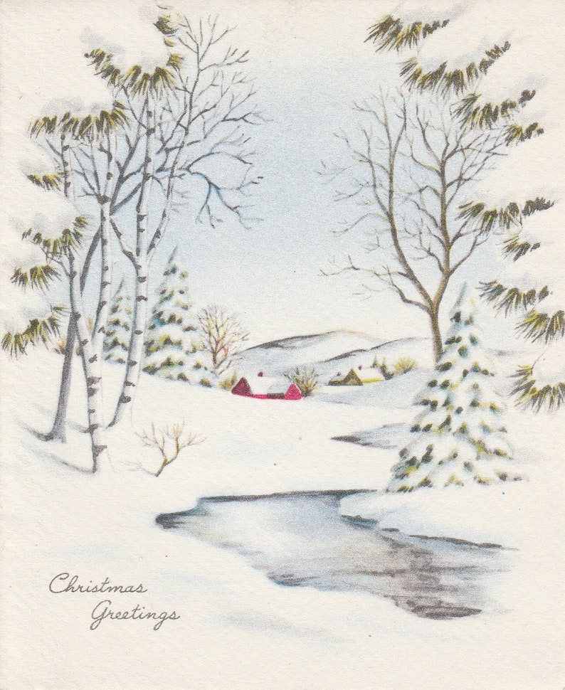 Pre-owned 1940s Norcross Christmas card with scene of red house and birch trees Bild 1