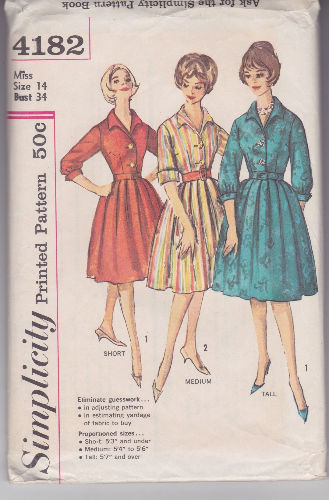 1960s Simplicity Pattern #4182 for Misses' 1-piece Shirtwaist Dress ...