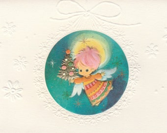 Unused vintage 1960s Hallmark Christmas card featuring mod angel holding gold Christmas tree