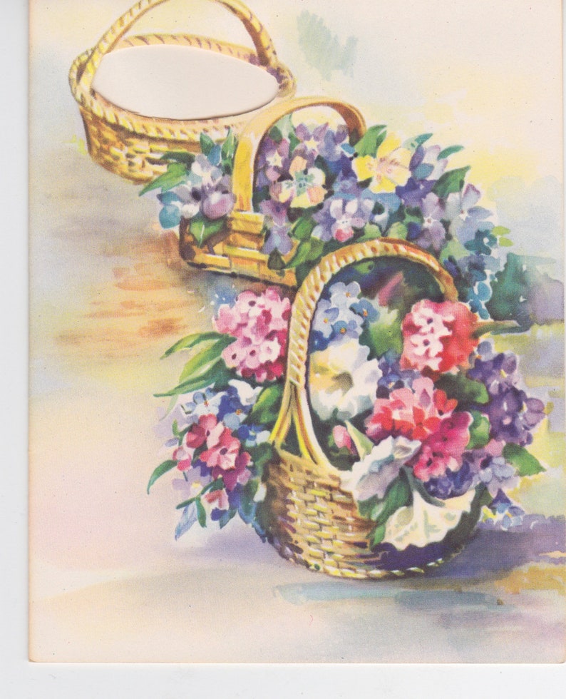 Vintage 1940s unused notecard with baskets of flowers a Handi-Note by Artistic Cards image 1