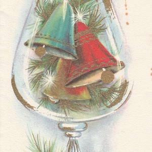 Pre-owned vintage 1960s Christmas card featuring colorful bells in a goblet with greenery