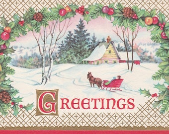 Pre-owned 1960s Christmas card -- featuring pastel winter scene wreathed in ornaments and greenery