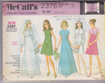 1970 McCall's sewing pattern -- #2376 for size 12 bride and bridesmaid dresses in two lengths