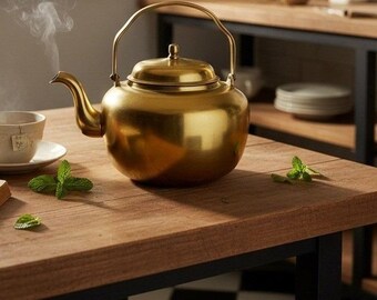 Vintage Brass Tea Kettle Gold Polished Finish Round Pot with Lid and Handle