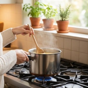 May include: A stainless steel pot on a gas stove with a blue flame, containing a simmering liquid. A wooden spoon stirs the contents. Potted herbs sit on a windowsill in the background, suggesting a home cooking scene.
