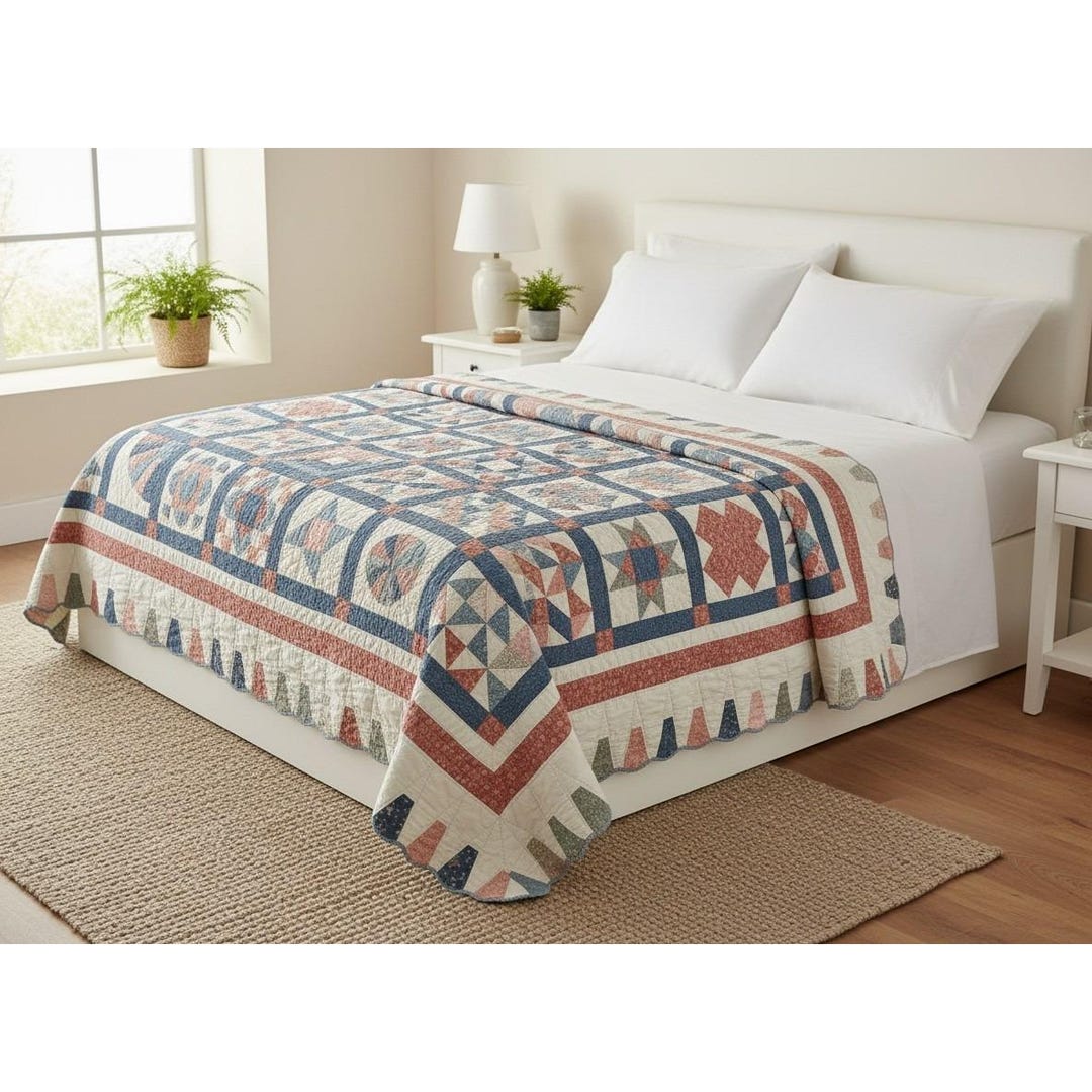 Vintage 1994 Handmade Patchwork Sampler Quilt Blue Pink Scalloped Edge ...