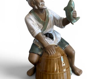 Figura de pescador chino antiguo de barro, estatua de cerámica vidriada.