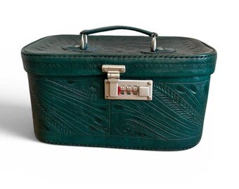 Vintage Hand Tooled Leather Train Case Teal Green Western Vanity Makeup Box