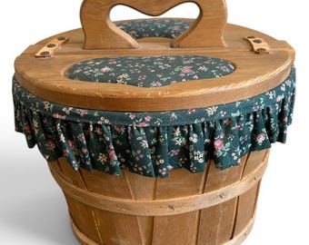 Vintage Wooden Slat Picnic Sewing Gathering Basket Heart Handle Cottagecore