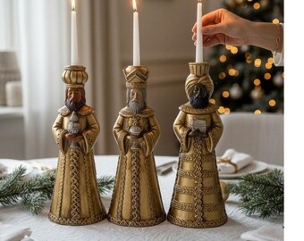 Vintage 9 Inch Papier Mache 3 Kings Candle Holder Set Gold Wise Men Japan JC-217