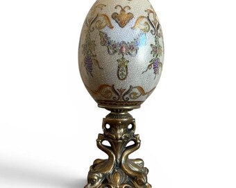 Toyo Large 15 Inch Hand Painted Floral Ceramic Egg on Ornate Brass Pedestal Base