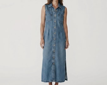 Vestido largo vaquero vintage Y2K sin mangas de Tencel con botones, talla 6 de AKS Amy K Su
