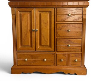Vintage Oak Wood Jewelry Armoire Chest Tabletop Organizer Necklace Carousel 17in