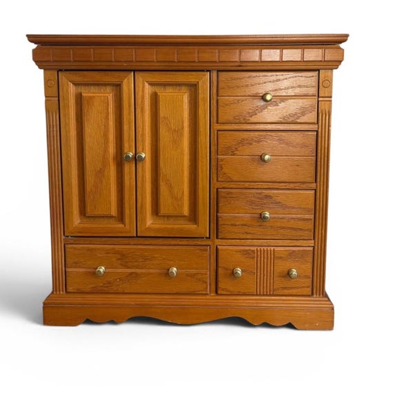 Vintage Oak Wood Jewelry Armoire Chest Tabletop Organizer Necklace Carousel 17in