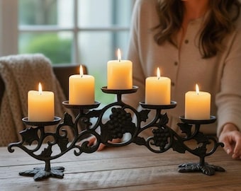 Vintage Cast Iron Grapevine 5 Pillar Candle Holder Candelabra Centerpiece 18x7.5