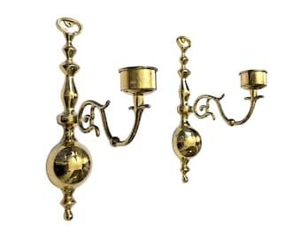 Vintage Solid Brass Wall Sconce Candle Holders Pair Polished Gold Spindle 12.5in
