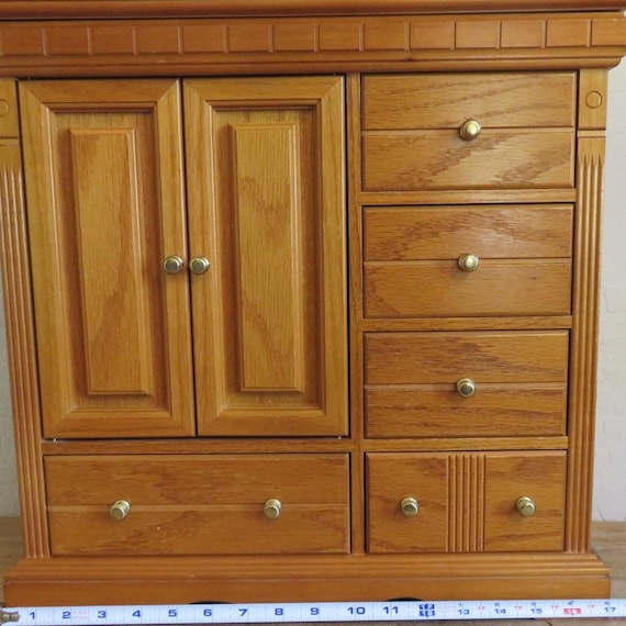 Vintage Oak Wood Jewelry Armoire Chest Tabletop Organizer Necklace Carousel 17in View 6