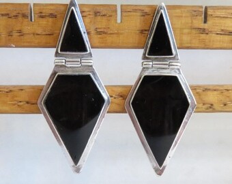 Vintage Southwest 925 Sterling Silver Black Onyx Geometric Hinge Drop Earrings