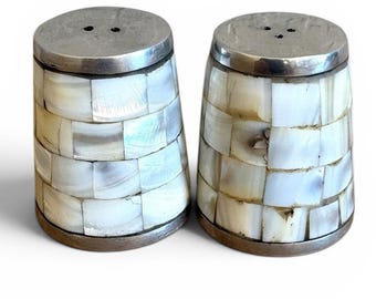 Vintage Mother of Pearl Mosaic Salt and Pepper Shakers Silver Tone Inlay Set