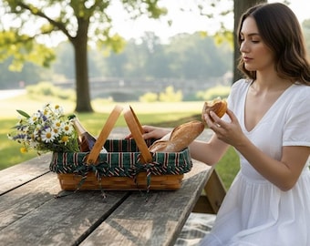Longaberger Handwoven Maple Wood Picnic Gathering Basket +Fabric Liner