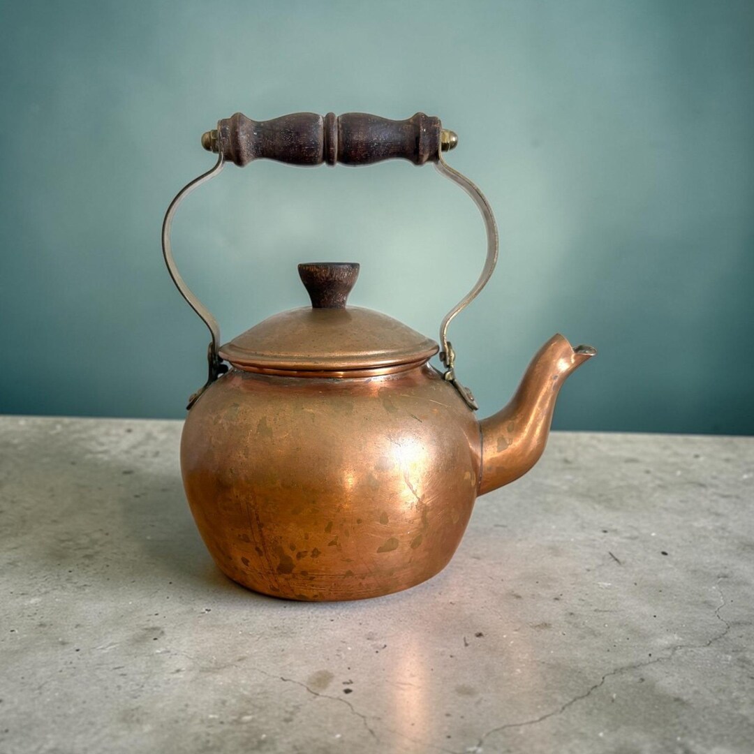 Italian Kettle Vintage Small Italian Copper Tea Kettle Brass Handle Wood Grip Patina ...