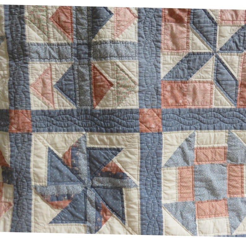 Vintage 1994 Handmade Patchwork Sampler Quilt Blue Pink Scalloped Edge ...