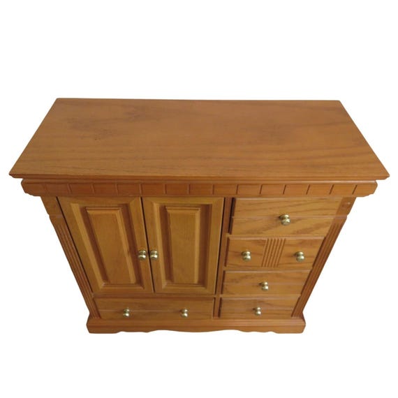Vintage Oak Wood Jewelry Armoire Chest Tabletop Organizer Necklace Carousel 17in View 2