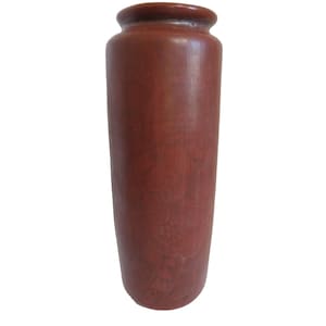 May include: A tall, cylindrical vase with a reddish-brown finish. The vase has a slightly flared rim and a rounded base. The surface appears to have subtle, natural wood grain patterns, adding texture and visual interest to the piece.