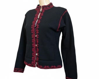 Nordic Nomad Wande Winslow Handloomed Wool Cardigan Black Red Nordic Sweater S