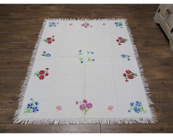 Vintage Hand Embroidered Floral White Fringed Rectangular Tablecloth Linen 50x60