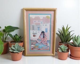 Handmade American Native Pueblo Woman Needlepoint Framed Wall Art Decor 12"x 18"